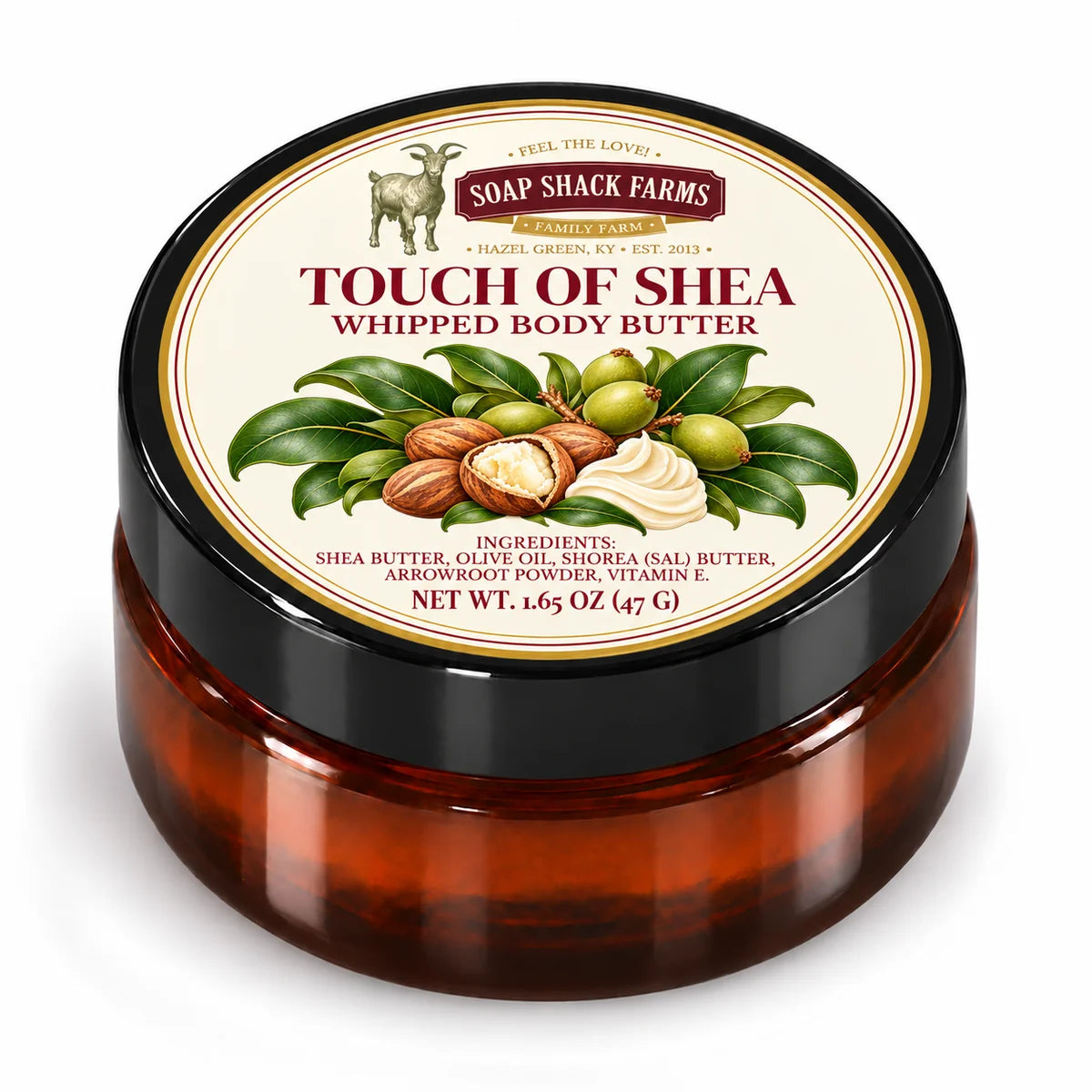 Soap Shack Farms Touch of Shea Whipped Body Butter in a closed amber jar with a labeled black lid on white.