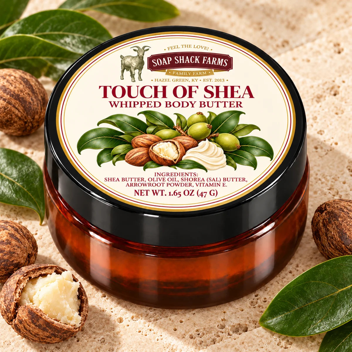 Soap Shack Farms Touch of Shea Whipped Body Butter in an amber jar on pale stone with scent-inspired botanical accents.