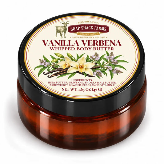 Soap Shack Farms Vanilla Verbena Whipped Body Butter in a closed amber jar with a labeled black lid on white.