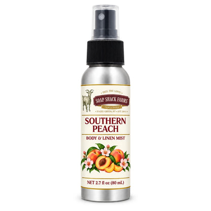 Soap Shack Farms Southern Peach body and linen mist in a silver 80 mL fine-mist bottle on white.