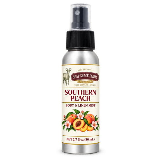 Soap Shack Farms Southern Peach body and linen mist in a silver 80 mL fine-mist bottle on white.