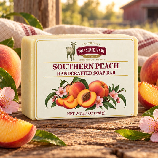 Southern Peach olive oil soap bar on rustic wood with peaches, blossoms, leaves, and farmhouse linen.