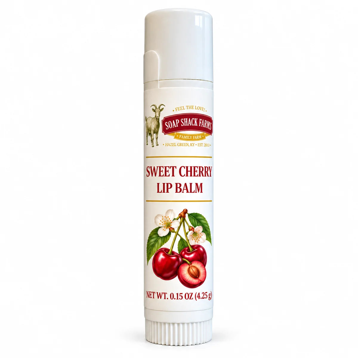 Soap Shack Farms Sweet Cherry Lip Balm in a white 0.15 oz tube on a white background.