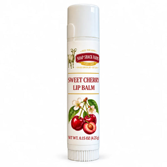 Soap Shack Farms Sweet Cherry Lip Balm in a white 0.15 oz tube on a white background.
