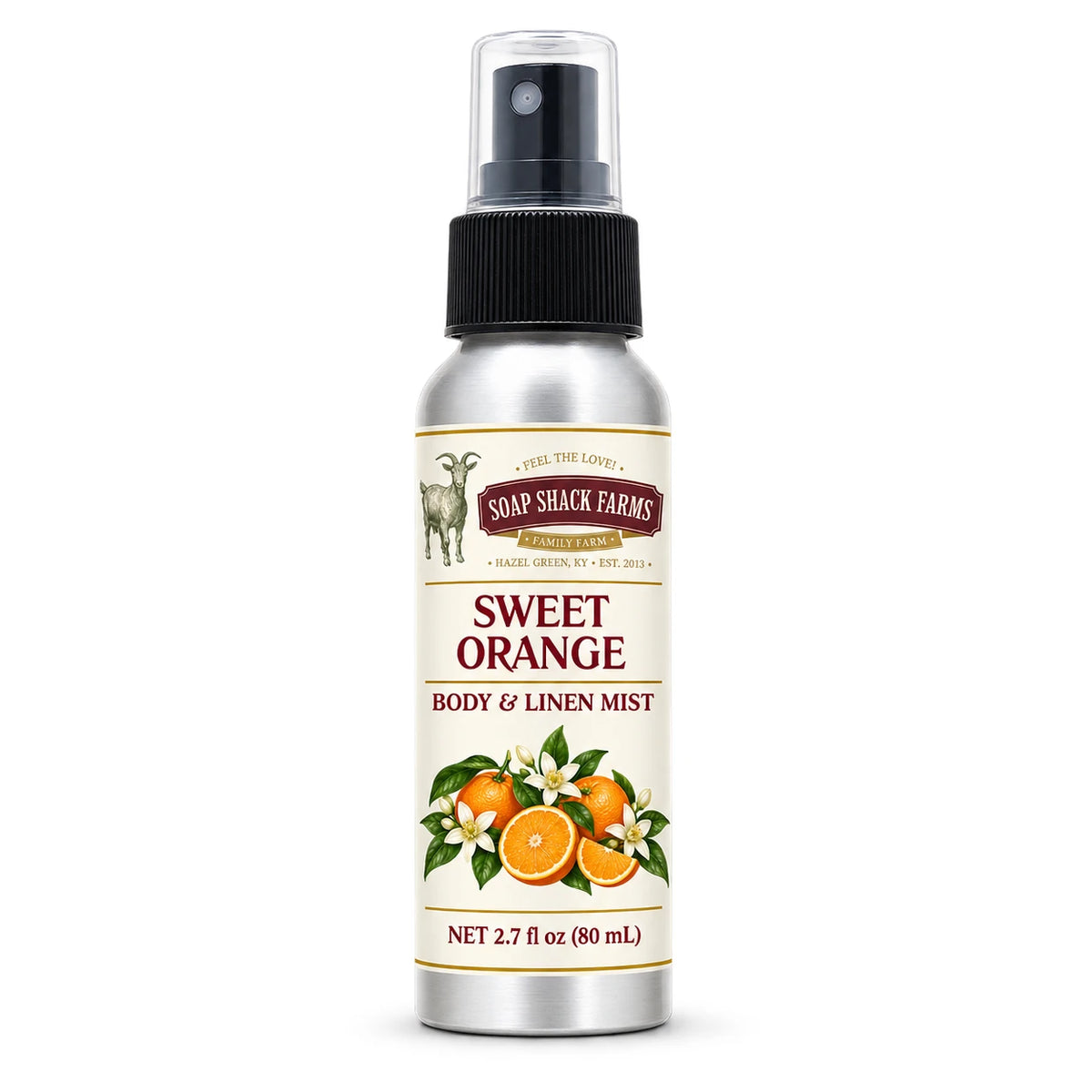 Soap Shack Farms Sweet Orange body and linen mist in a silver 80 mL fine-mist bottle on white.