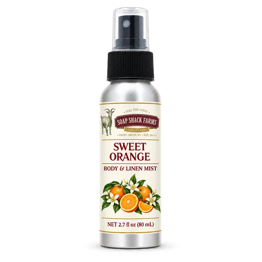 Soap Shack Farms Sweet Orange body and linen mist in a silver 80 mL fine-mist bottle on white.
