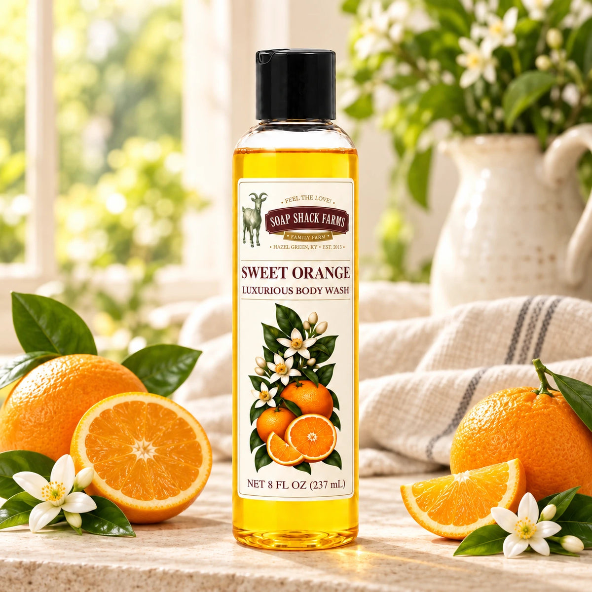 Sweet Orange luxurious body wash with fresh oranges, citrus blossoms, green leaves, and farmhouse linen.