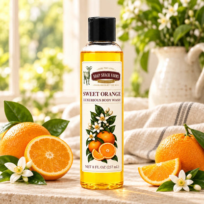 Sweet Orange luxurious body wash with fresh oranges, citrus blossoms, green leaves, and farmhouse linen.
