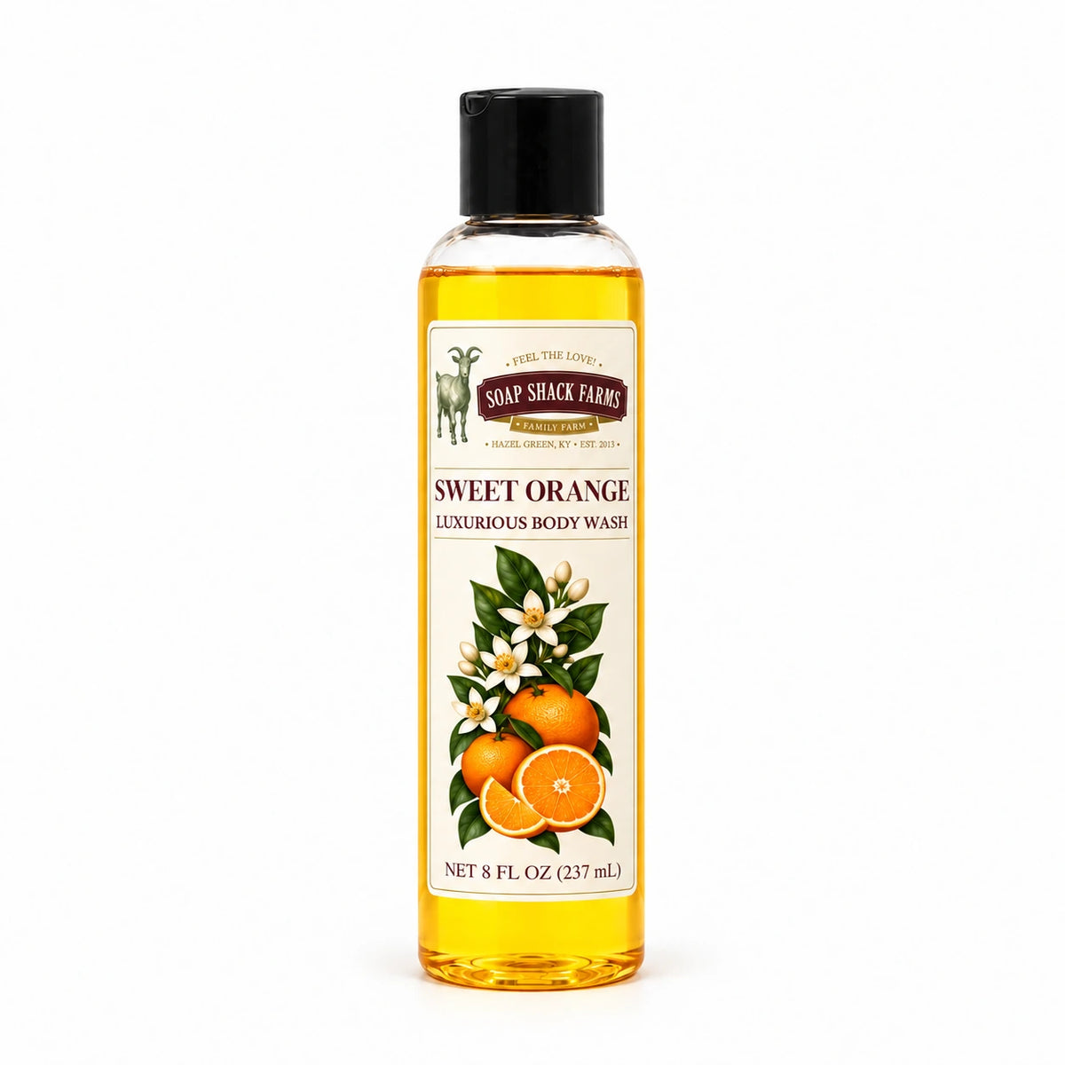 Sweet Orange luxurious body wash in a slender clear 8 oz bottle with a black disc-top cap on a white background.