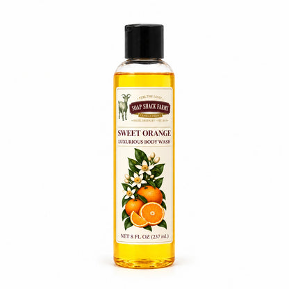 Sweet Orange luxurious body wash in a slender clear 8 oz bottle with a black disc-top cap on a white background.