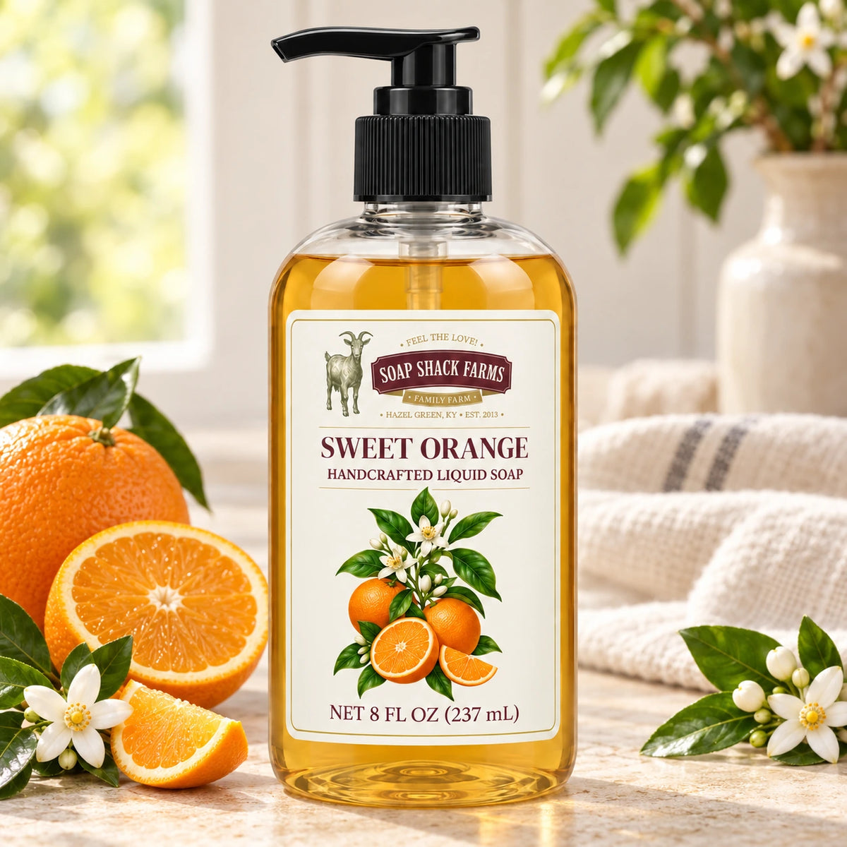 Sweet Orange handcrafted liquid soap with fresh oranges, citrus blossoms, green leaves, and farmhouse linen in a sunlit setting.