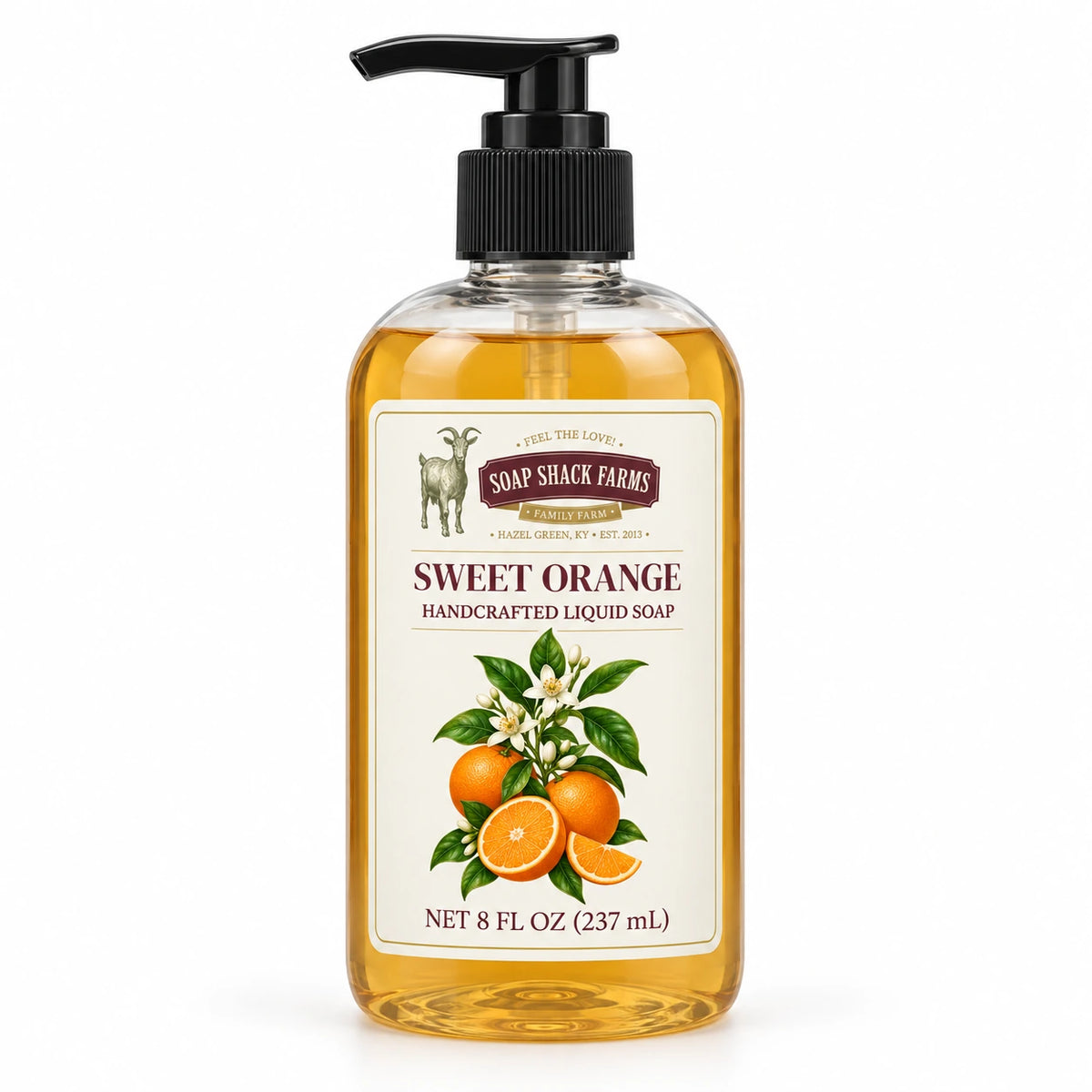 Sweet Orange handcrafted liquid soap in a clear 8 oz pump bottle on a white background.