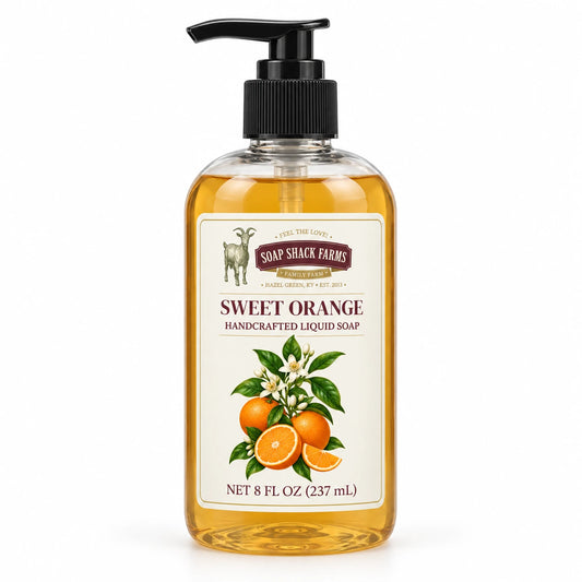 Sweet Orange handcrafted liquid soap in a clear 8 oz pump bottle on a white background.