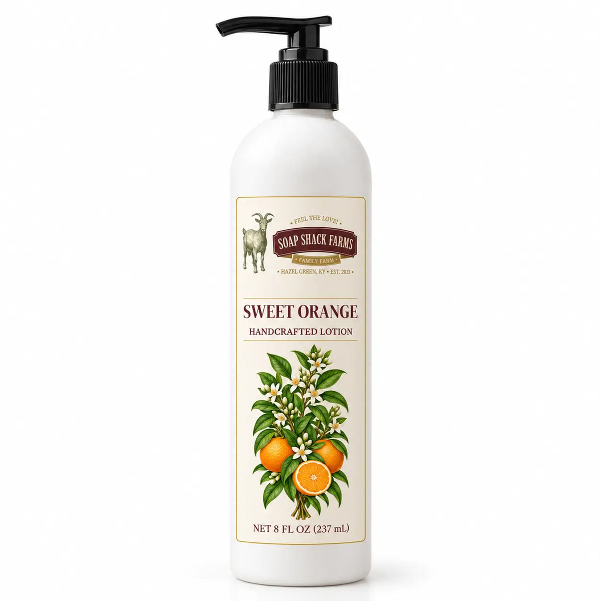 Soap Shack Farms Sweet Orange Handcrafted Body Lotion, 8 fl oz white pump bottle on a white background