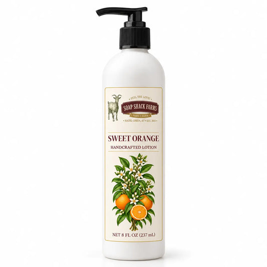 Soap Shack Farms Sweet Orange Handcrafted Body Lotion, 8 fl oz white pump bottle on a white background