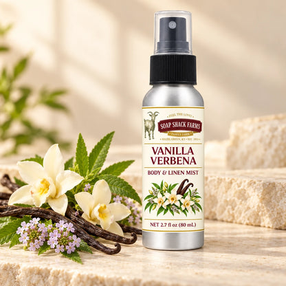 Soap Shack Farms Vanilla Verbena body and linen mist in a warm botanical studio setting.