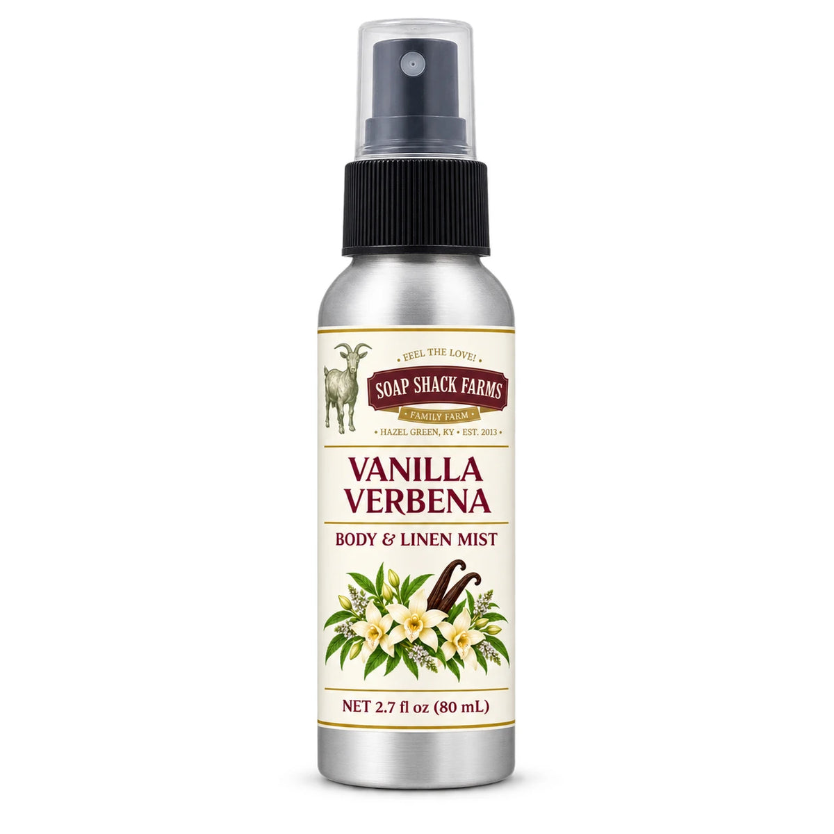 Soap Shack Farms Vanilla Verbena body and linen mist in a silver 80 mL fine-mist bottle on white.