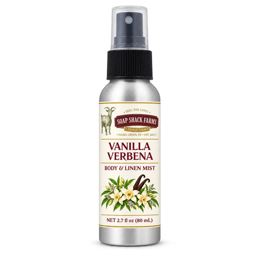 Soap Shack Farms Vanilla Verbena body and linen mist in a silver 80 mL fine-mist bottle on white.