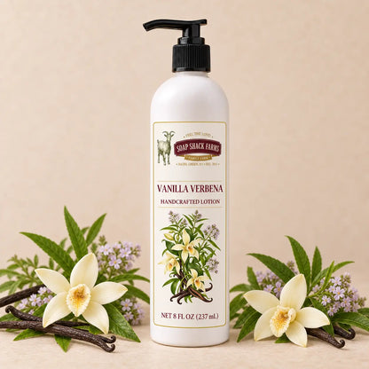 Vanilla Verbena handcrafted body lotion, 8 oz pump bottle styled with vanilla flowers and verbena botanicals