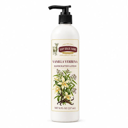 Vanilla Verbena handcrafted body lotion by Soap Shack Farms, 8 oz pump bottle on white background
