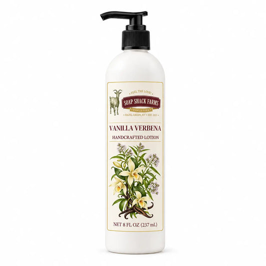 Vanilla Verbena handcrafted body lotion by Soap Shack Farms, 8 oz pump bottle on white background