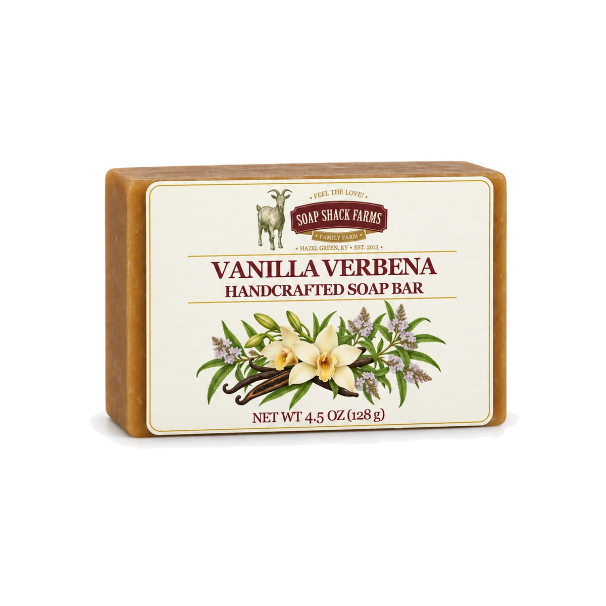 Vanilla Verbena handcrafted olive oil soap bar with floral label on a white background.