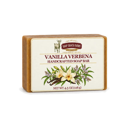 Vanilla Verbena handcrafted olive oil soap bar with floral label on a white background.