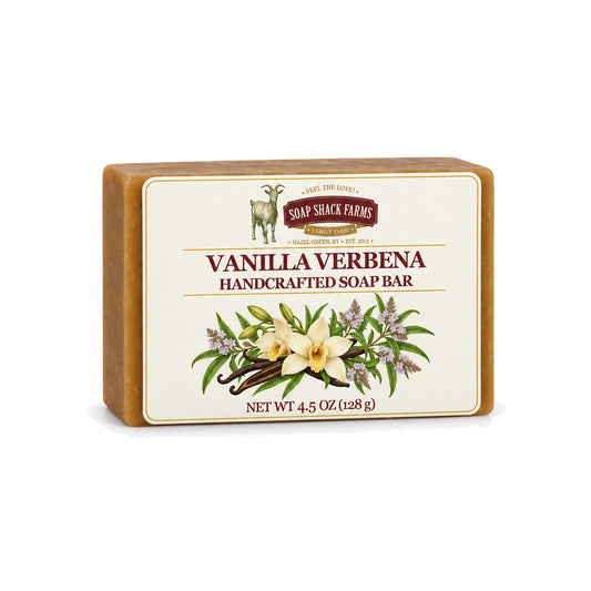 Vanilla Verbena handcrafted olive oil soap bar with floral label on a white background.