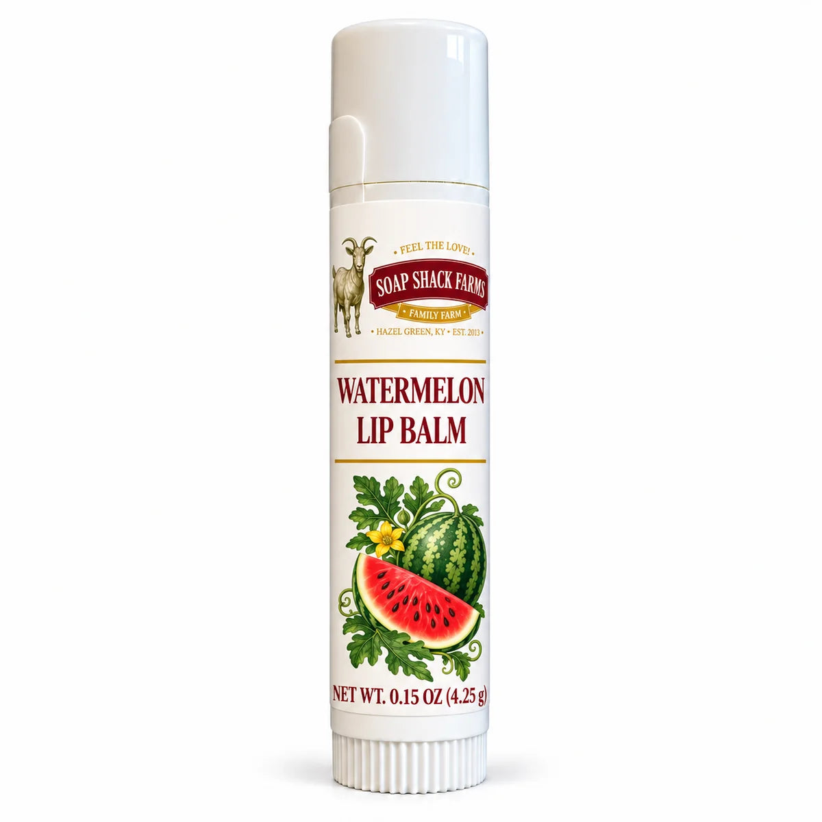 Soap Shack Farms Watermelon Lip Balm in a white 0.15 oz tube on a white background.