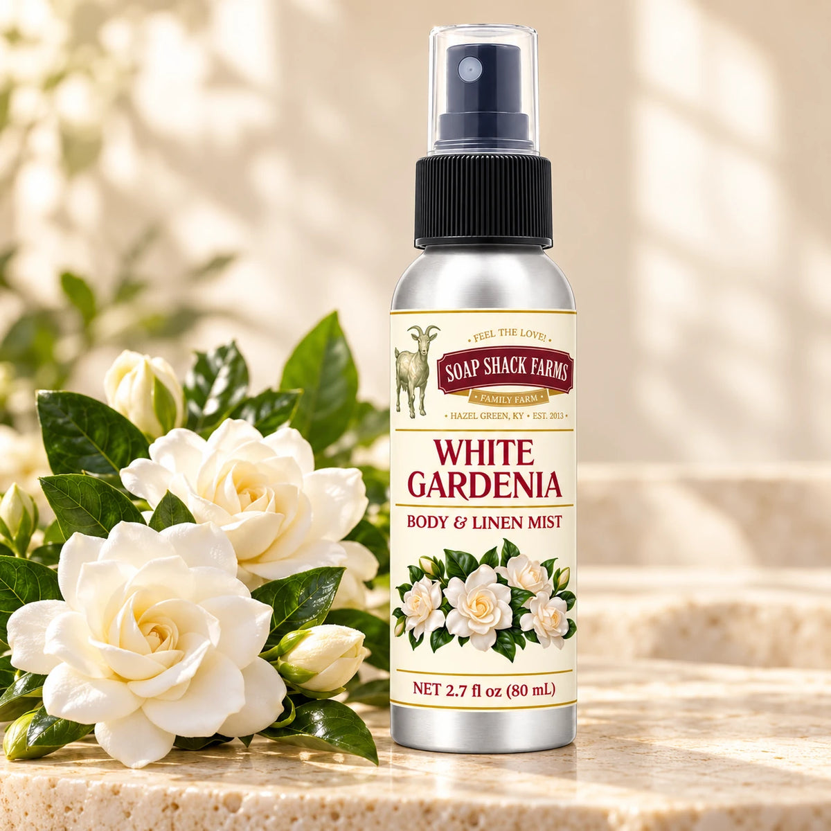Soap Shack Farms White Gardenia body and linen mist in a warm botanical studio setting.