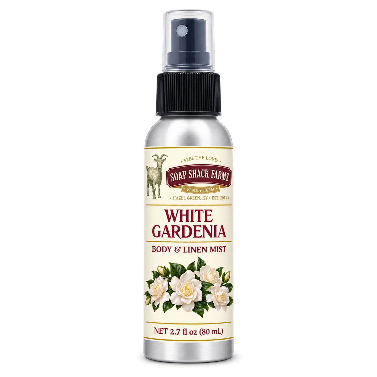 Soap Shack Farms White Gardenia body and linen mist in a silver 80 mL fine-mist bottle on white.