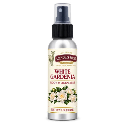 Soap Shack Farms White Gardenia body and linen mist in a silver 80 mL fine-mist bottle on white.