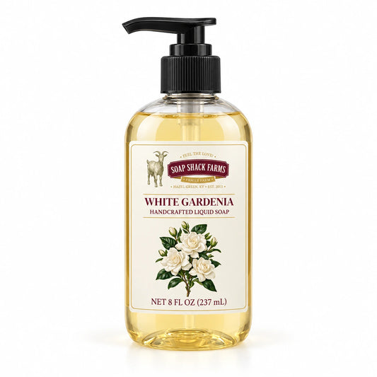 White Gardenia handcrafted liquid soap in a clear 8 oz pump bottle on a white background.