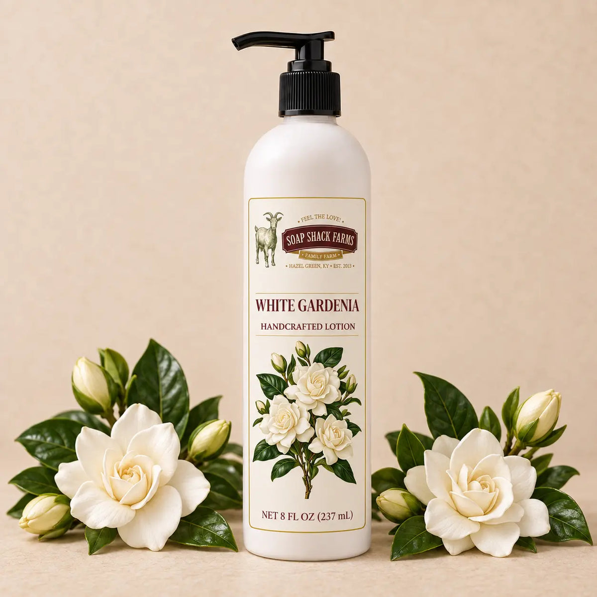 White Gardenia handcrafted body lotion, 8 oz pump bottle styled with white gardenia flowers