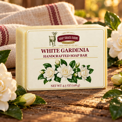 White Gardenia olive oil soap bar on rustic wood with gardenia flowers, buds, leaves, and farmhouse linen.