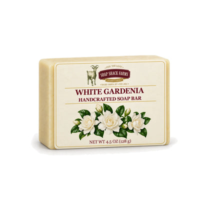 White Gardenia handcrafted olive oil soap bar with floral label on a white background.
